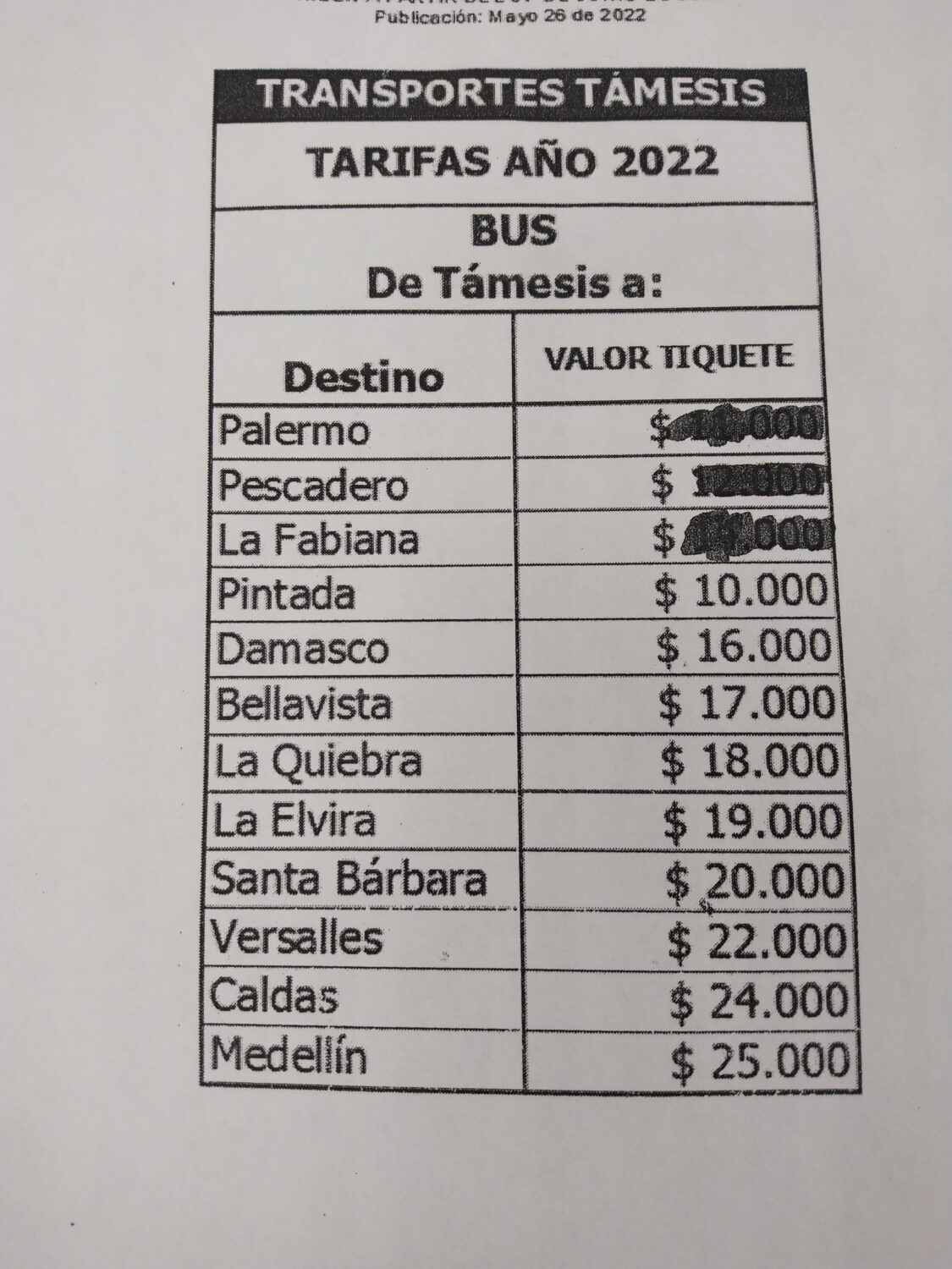 Bus schedule Támesis, colombia